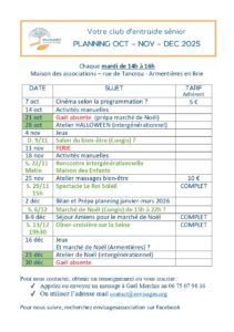 Planning des activités du club 4e trimestre 2025